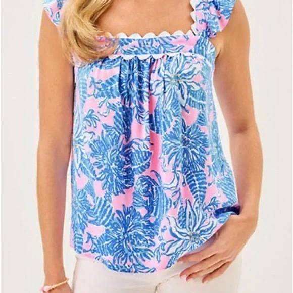 Lilly Pulitzer Pink and Blue Floral Ruffle Top - Picture 3 of 5
